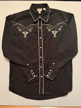 Vintage Style Gibson Western Embroidered Shirt Mens Cowboy Black Pearl Snap -M